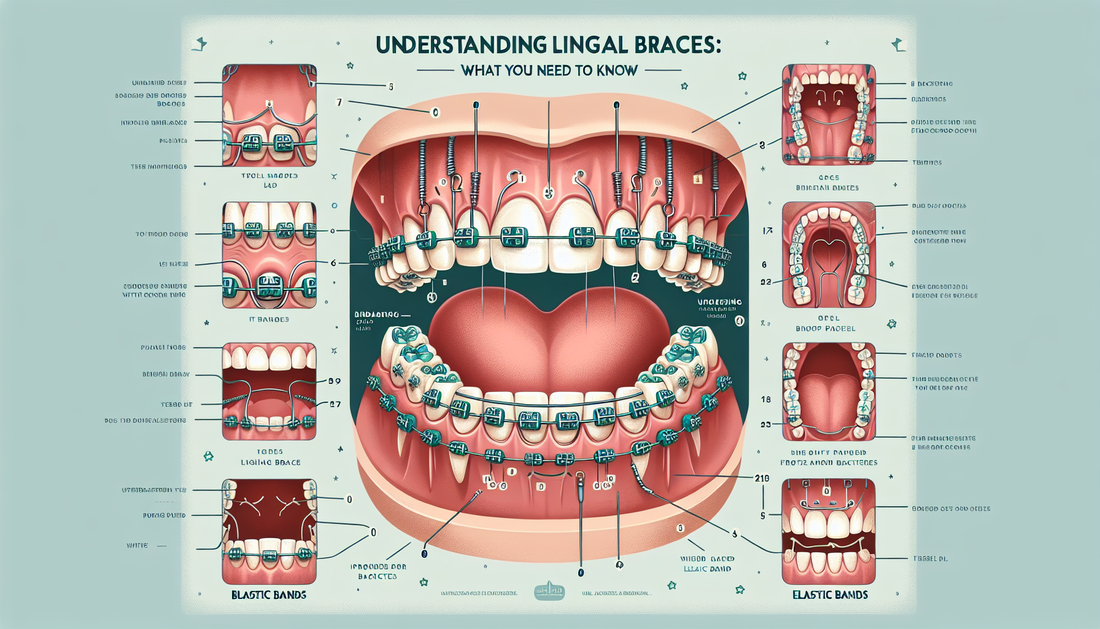 An informational visual about lingual braces. The image should detail a set of teeth with the braces installed behind them, clearly showing how they're hidden from front view. There should be numbered