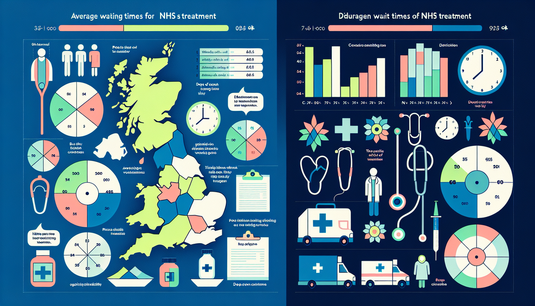 An infographic illustrating the nuances of wait times for NHS treatment. It can include bar charts showing average waiting times for different types of treatments and pie charts showing distribution o