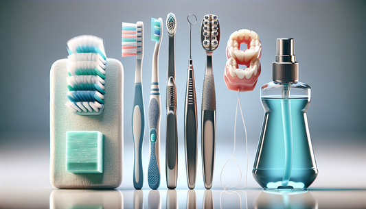 A highly detailed, realistic image representing 5 essential tools for effective care of orthodontic braces. The tools are 1) A toothbrush with soft bristles, specifically designed for braces; 2) A den