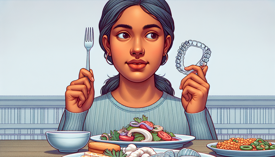 A depiction close up of a person of South Asian descent preparing to have a meal. They are sat at a dining table filled with plates containing various dishes. In one hand, they are holding a tooth-fri