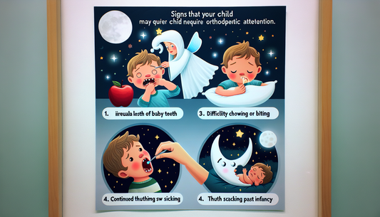 An informative poster with symbols and text indicating four signs that your child may require orthodontic attention. First, irregular loss of baby teeth can be shown with an image of a tooth fairy col