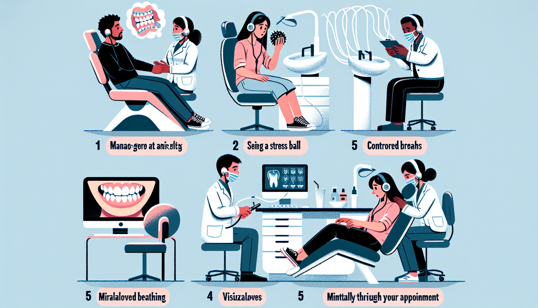 An informational image displaying 5 essential tips for managing anxiety at the dentist, from the perspective of nervous patients. Tip 1 represented with a South Asian male holding a stress ball while 