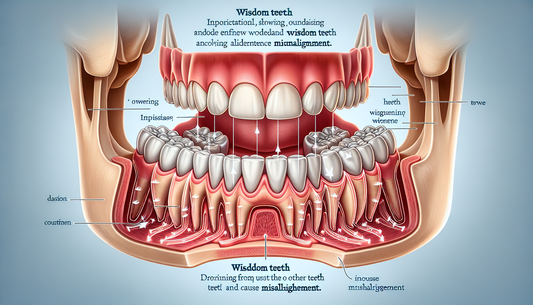 An informative visual representation showing how wisdom teeth can affect teeth alignment. The illustration should include a detailed anatomical view of a human mouth, highlighting the upper and lower 