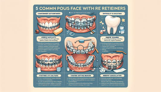 Visualize a detailed and informative image depicting five common problems often faced with dental retainers and their corresponding solutions. The image has each problem illustrated and enumerated, al