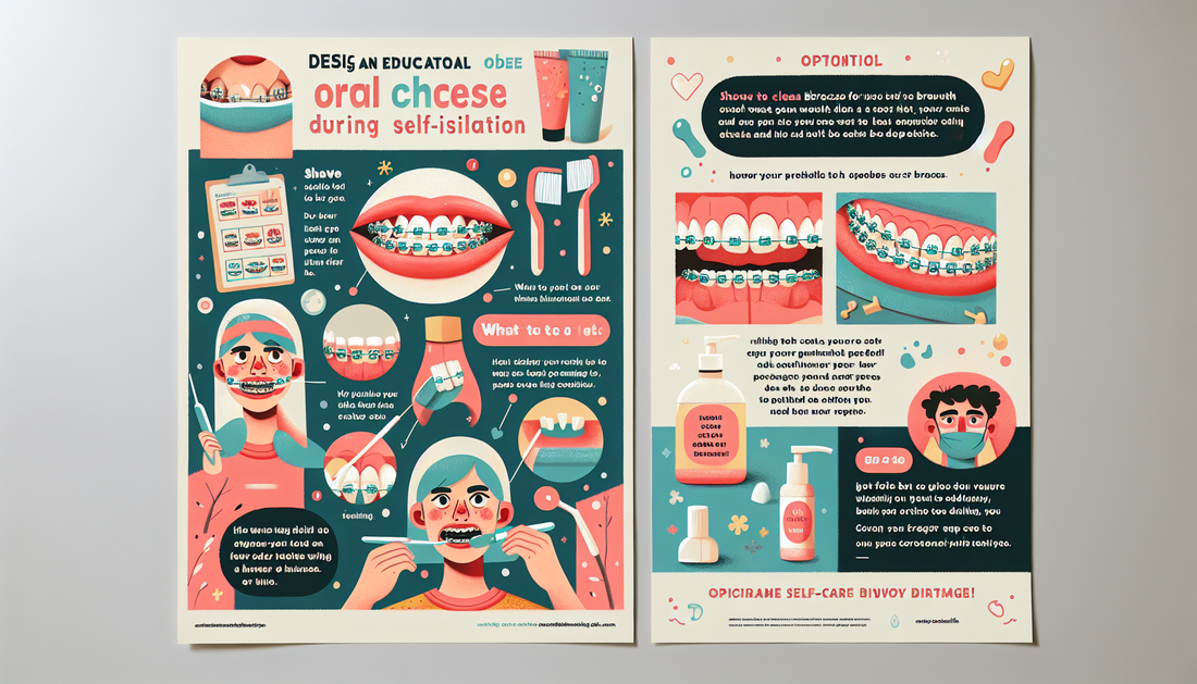 Design an educational poster focused on oral hygiene for those with braces. The theme should revolve around self-care during periods of self-isolation. The poster should contain illustrated step-by-st