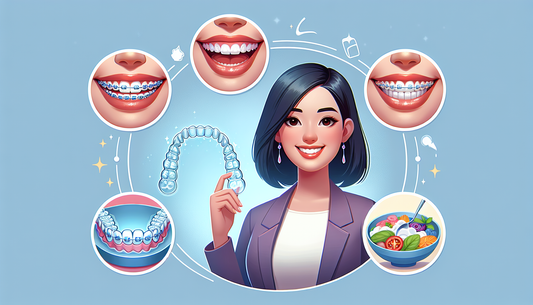 An informative illustration that depicts the five key benefits of choosing Invisalign for improving one's smile. The image is divided into five parts. In the first part, a woman of Asian descent is sh