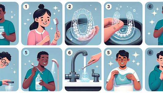 An illustrative guide demonstrating five pro tips for maintaining the cleanliness of clear dental aligners. Tip one shows a Caucasian woman gently brushing the aligner with a soft-bristled brush. Tip 