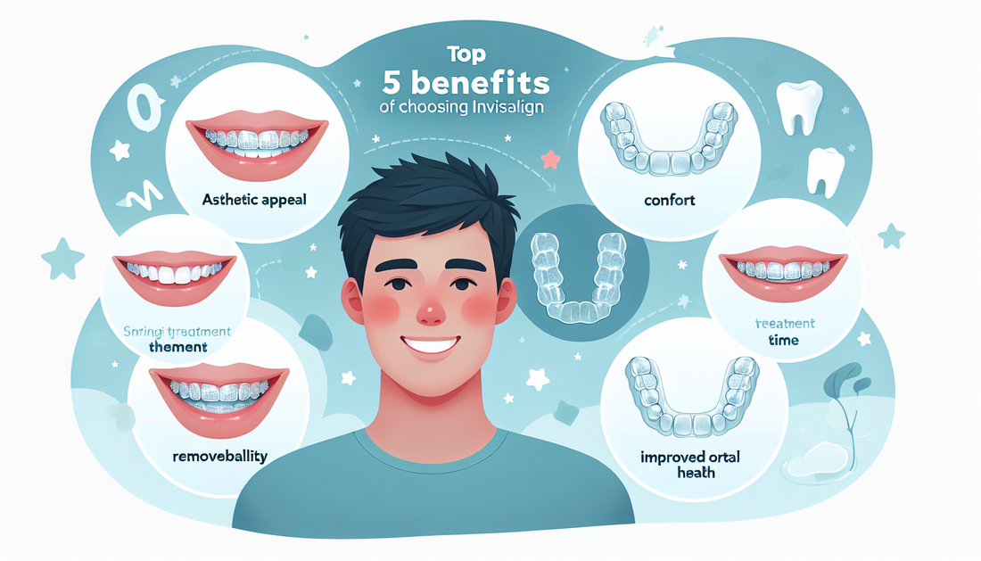 An informative image about the top 5 benefits of choosing Invisalign. The image could have on one side a smiling person with a clear Invisalign retainer in their mouth. Around this central figure, the