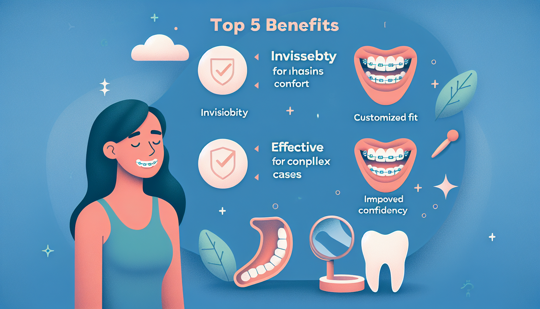 An image featuring a list of the top 5 benefits of choosing lingual braces. The list includes benefits such as invisibility, comfort, customized fit, effective for complex cases, and improved self-con